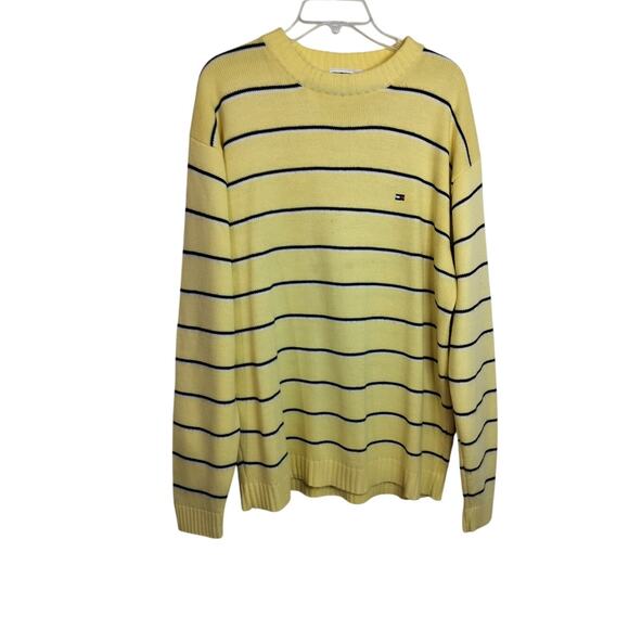 M729)Vtg Tommy Hilfiger Yellow Stripe V Neck Knitted Pullover Cotton Sweater XXL - Picture 1 of 9